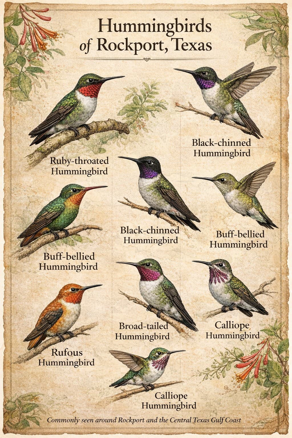 Nine species of hummingbirds found in Rockport, Texas — Ruby-throated, Rufous, Buff-bellied, Black-chinned, Broad-tailed, Allen's, Calliope, Anna's, and Broad-billed