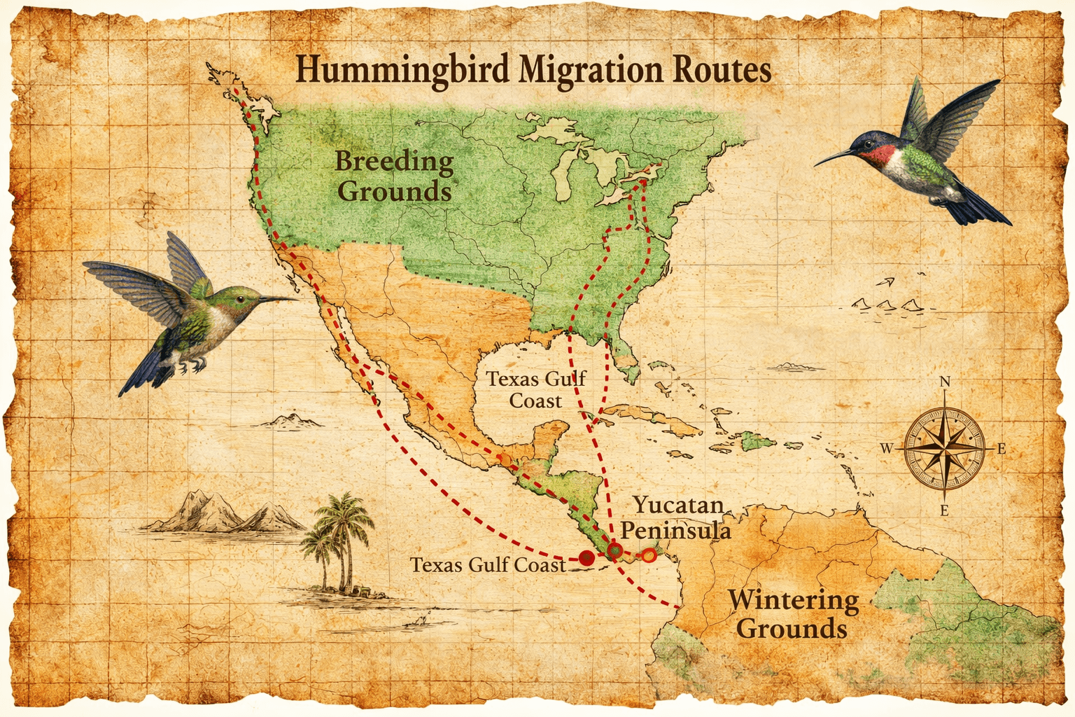 Hummingbird migration routes across North America, showing fall and spring flyways through the Texas coast