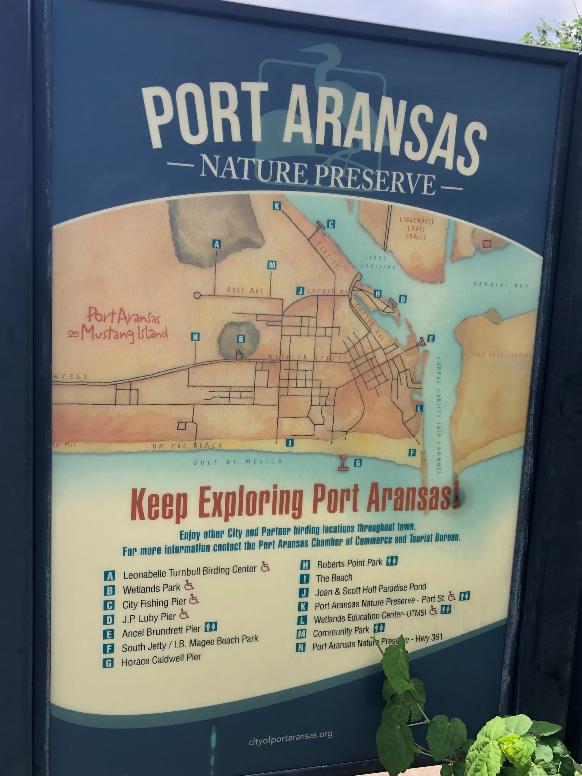 Official Port Aransas Nature Preserve birding locations map — 13 designated birding sites