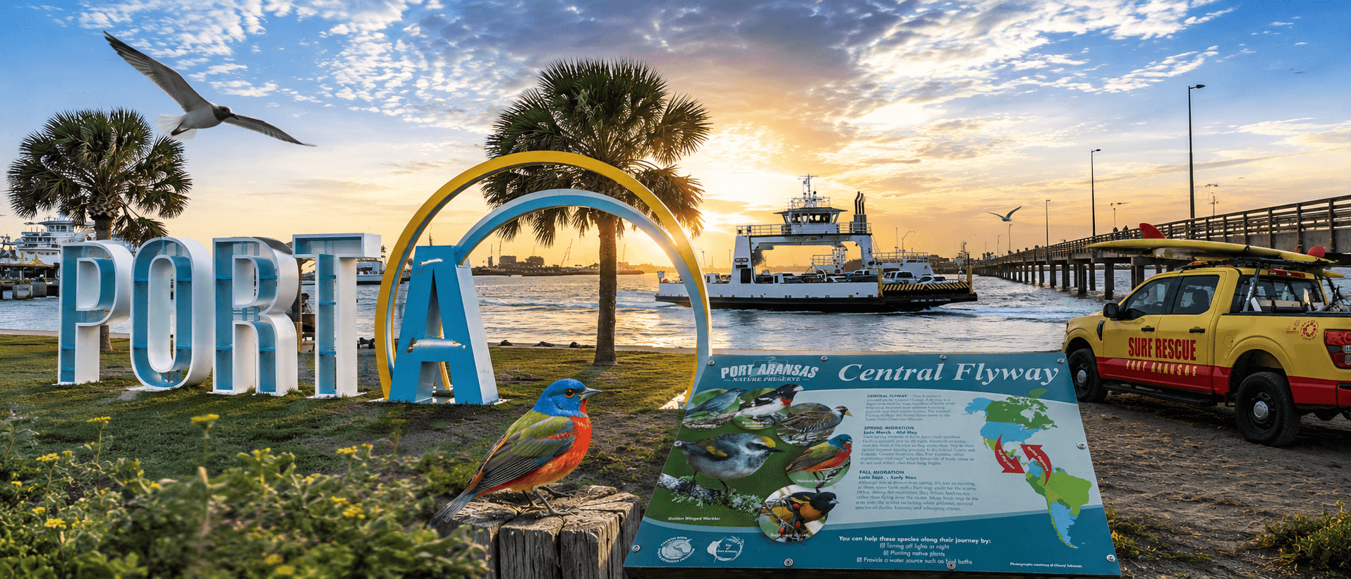 Port Aransas Texas — Painted Bunting on the PORT A sign with the free ferry at golden hour and the Central Flyway birding panel