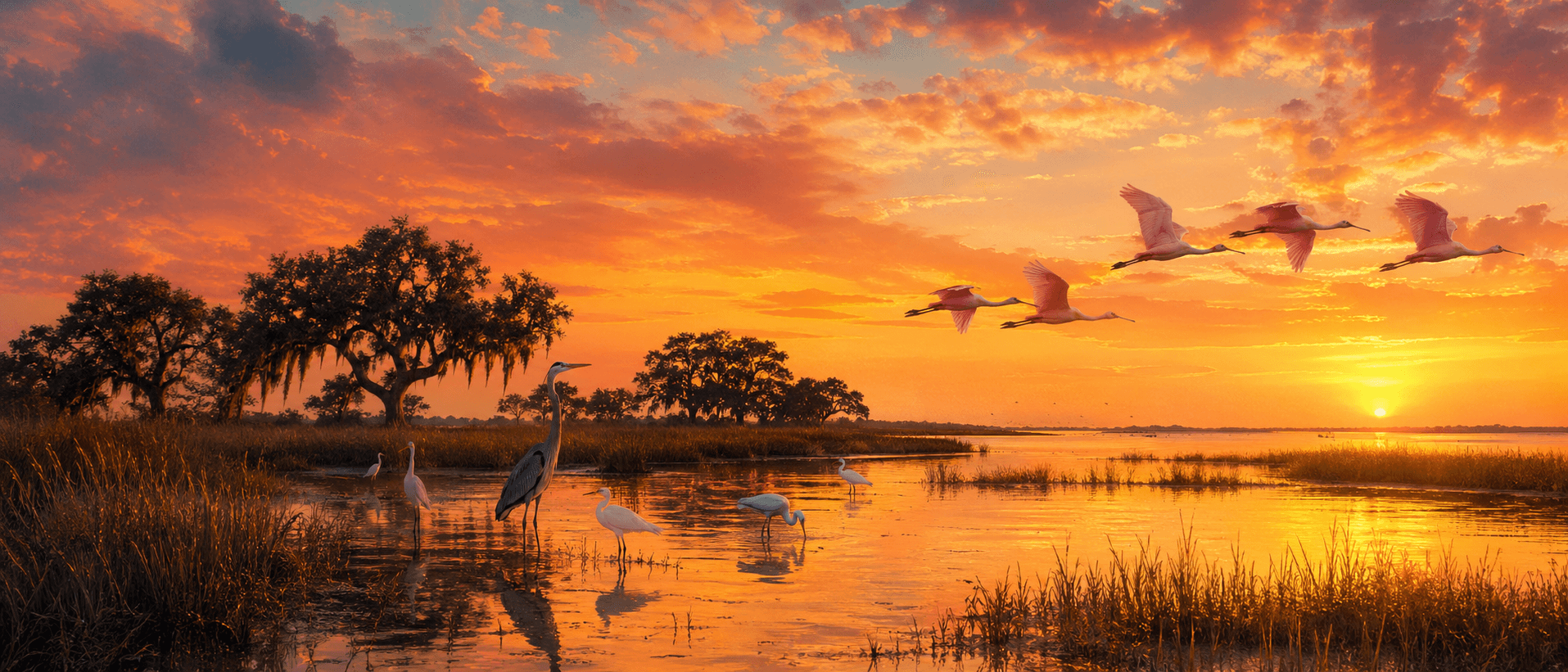Aransas National Wildlife Refuge marsh at golden hour with spoonbills and herons Texas
