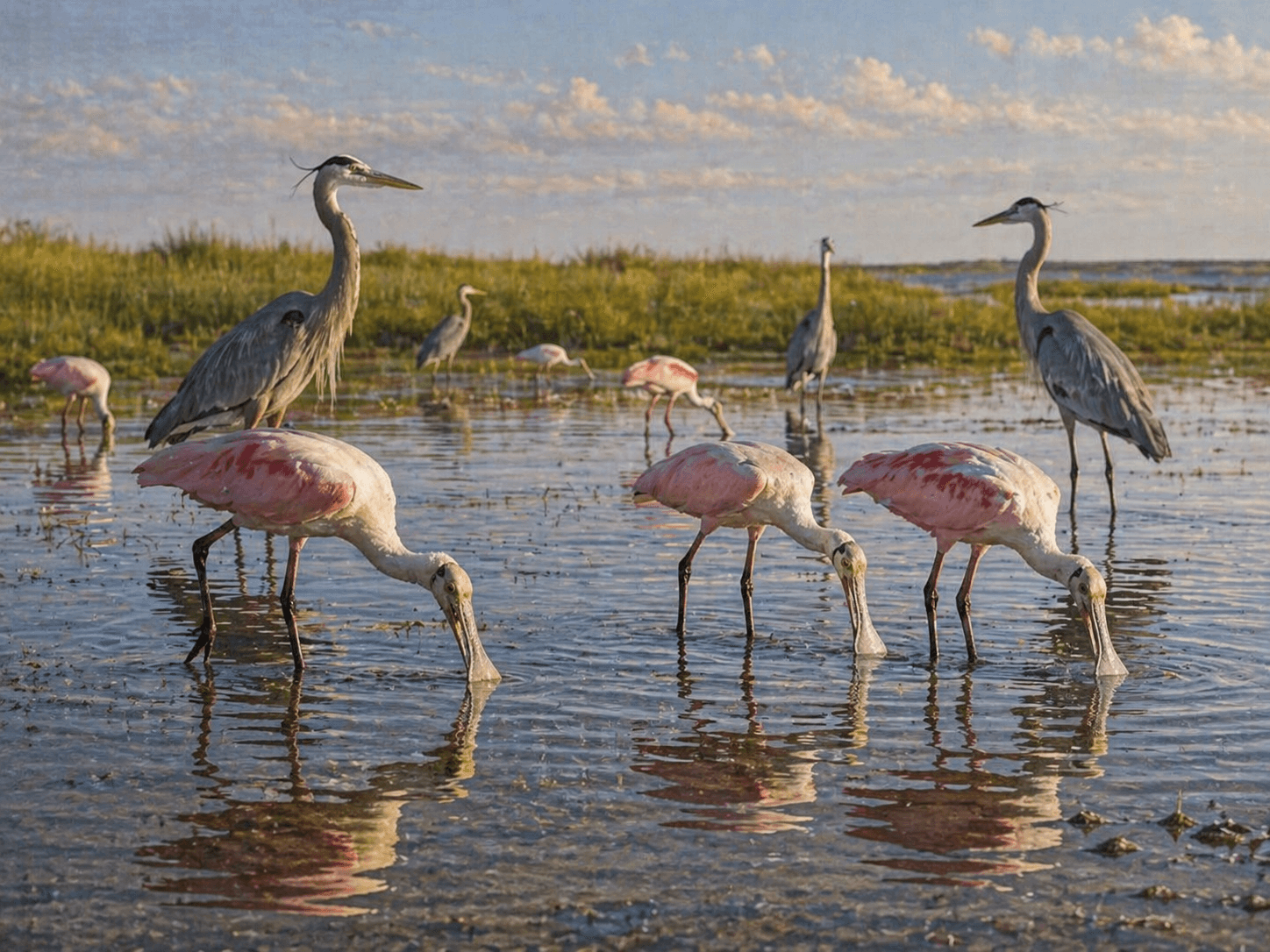 Roseate spoonbills and great blue herons feeding on the tidal flats at Aransas National Wildlife Refuge Texas
