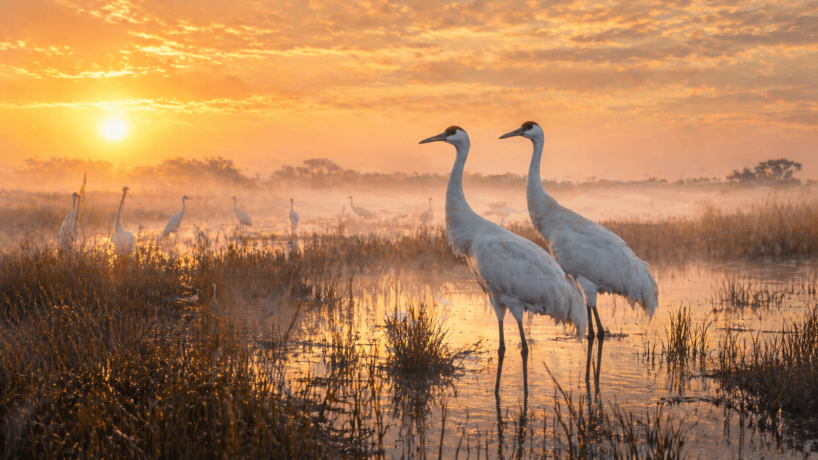 Whooping cranes at dawn in the marsh at Aransas National Wildlife Refuge Texas