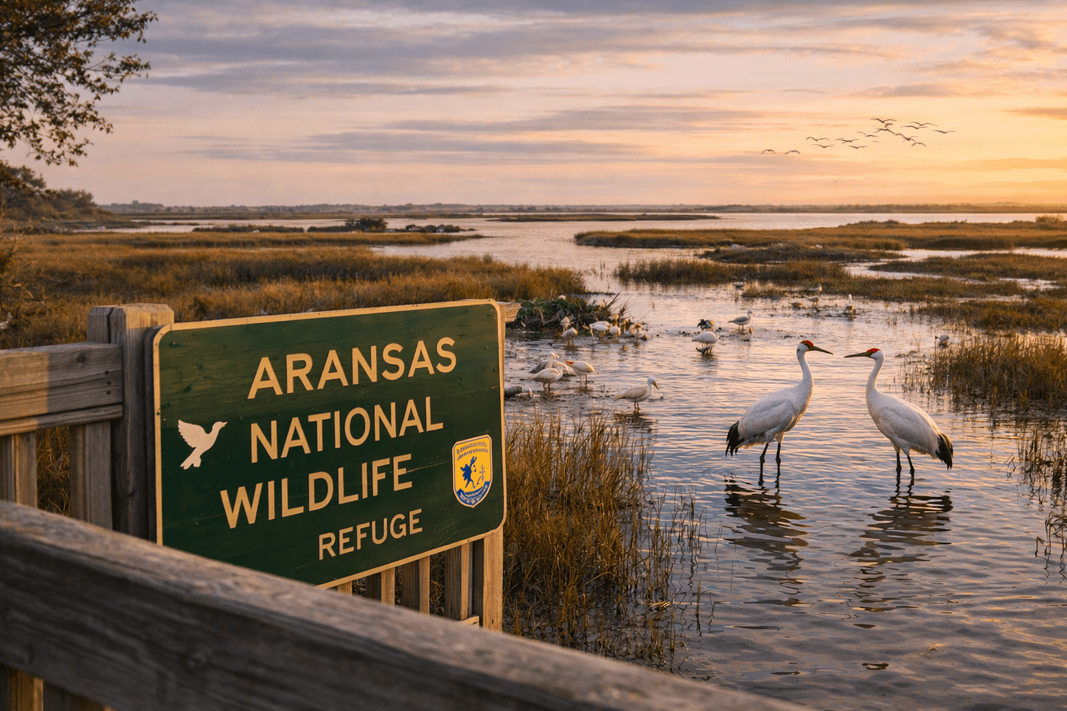 Aransas Wildlife Refuge at sunset — prime spoonbill habitat