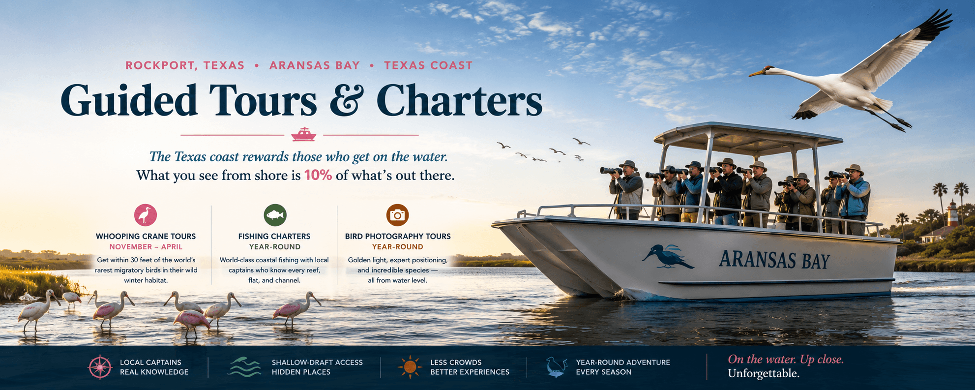 Guided boat tours on Aransas Bay Rockport Texas — whooping crane tours, birding charters, fishing