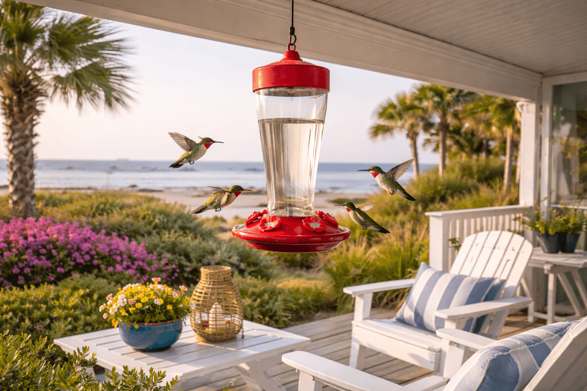 Ruby-throated hummingbirds swarming a feeder on a Rockport coastal home porch — this is what September looks like here