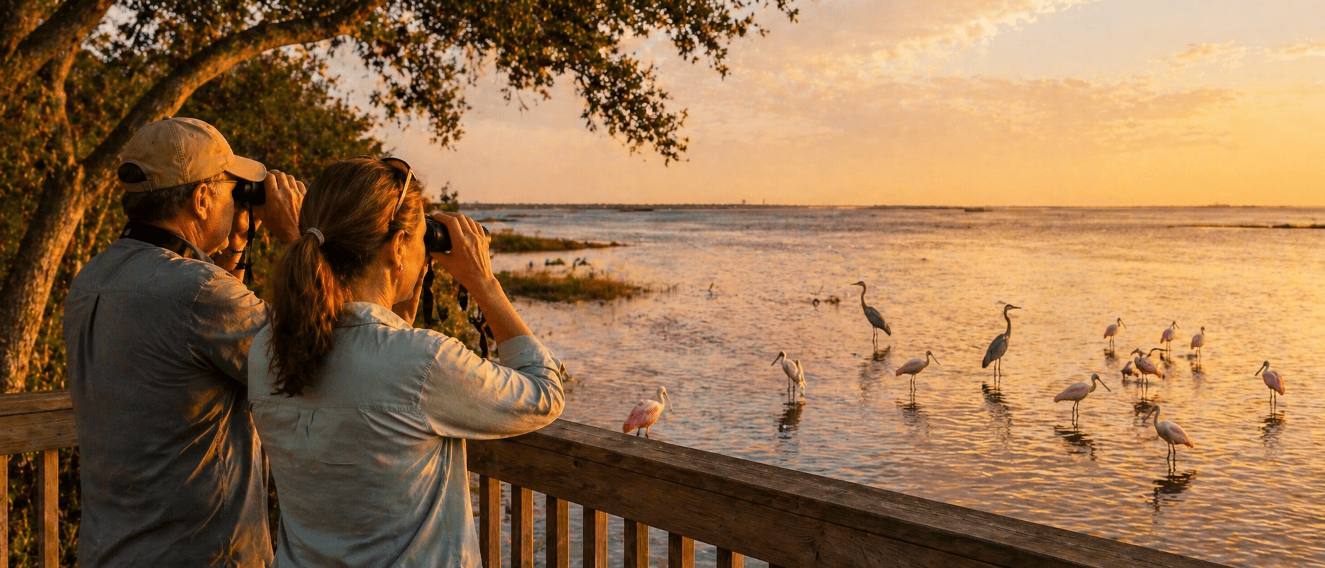 Birders watching shorebirds from coastal deck Rockport Texas