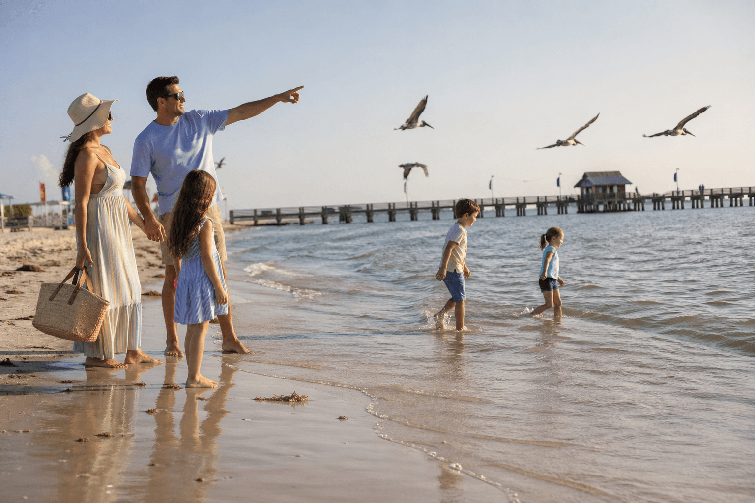 Brown Pelicans and shorebirds on Rockport Texas beach