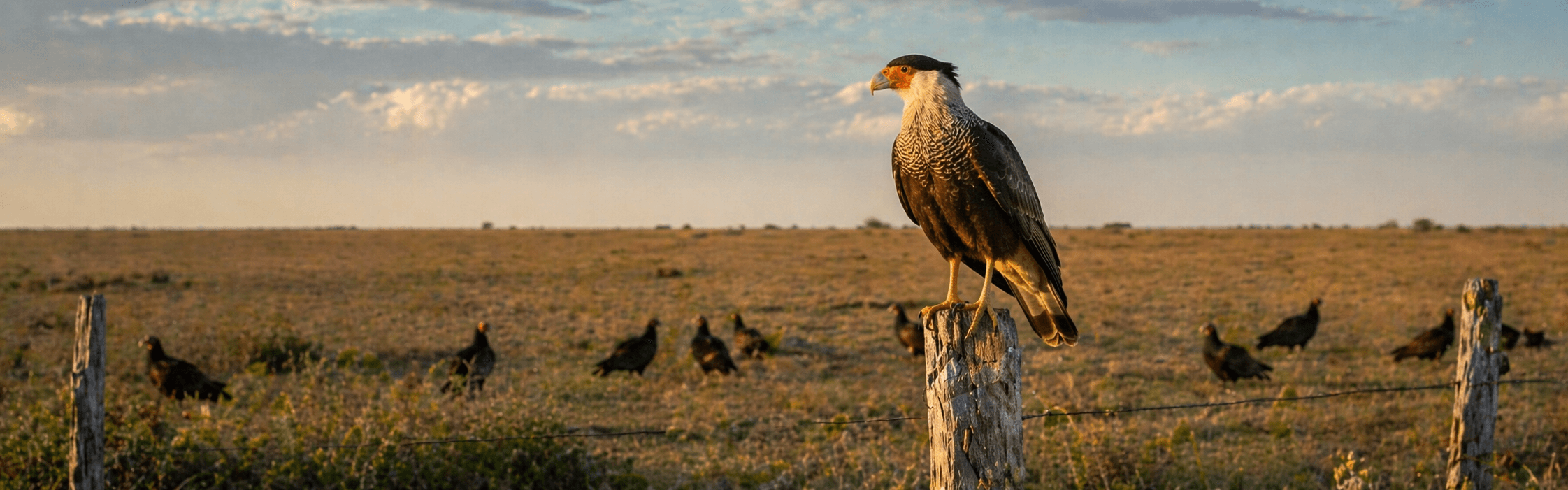 Crested Caracara perched on fence post Texas coastal prairie