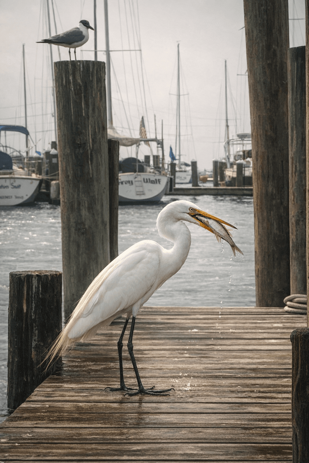 Great Egret catching a fish at Rockport Harbor marina Texas