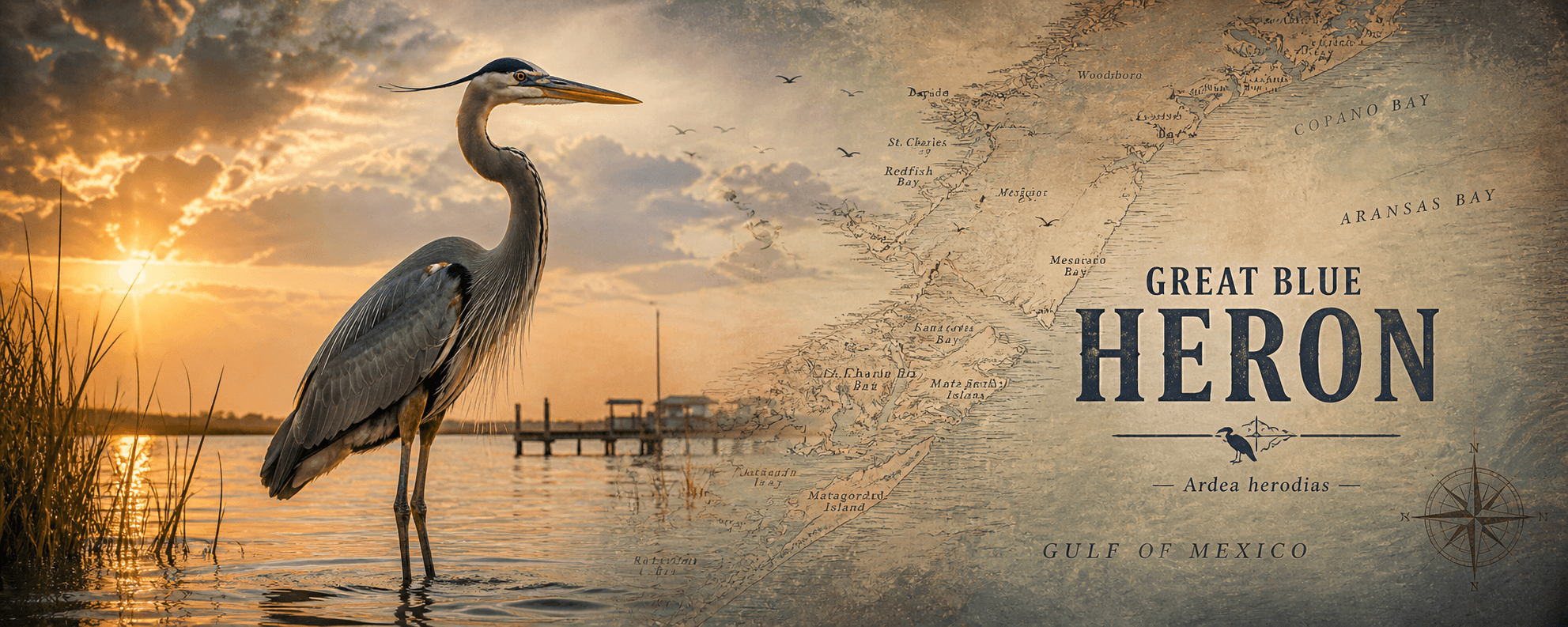 Great Blue Heron — Ardea herodias — standing in Aransas Bay at sunset, Rockport Texas