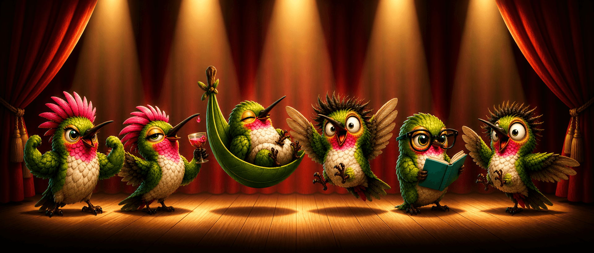 The Hummingbird Company crew — Huey, Tink, Zuzu, Luna, Zip, Ruby on stage