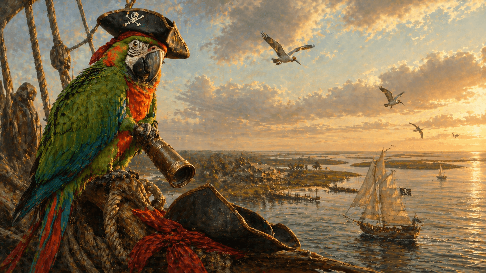 Pirate parrot with tricorn hat overlooking the Texas Gulf Coast and Aransas Bay