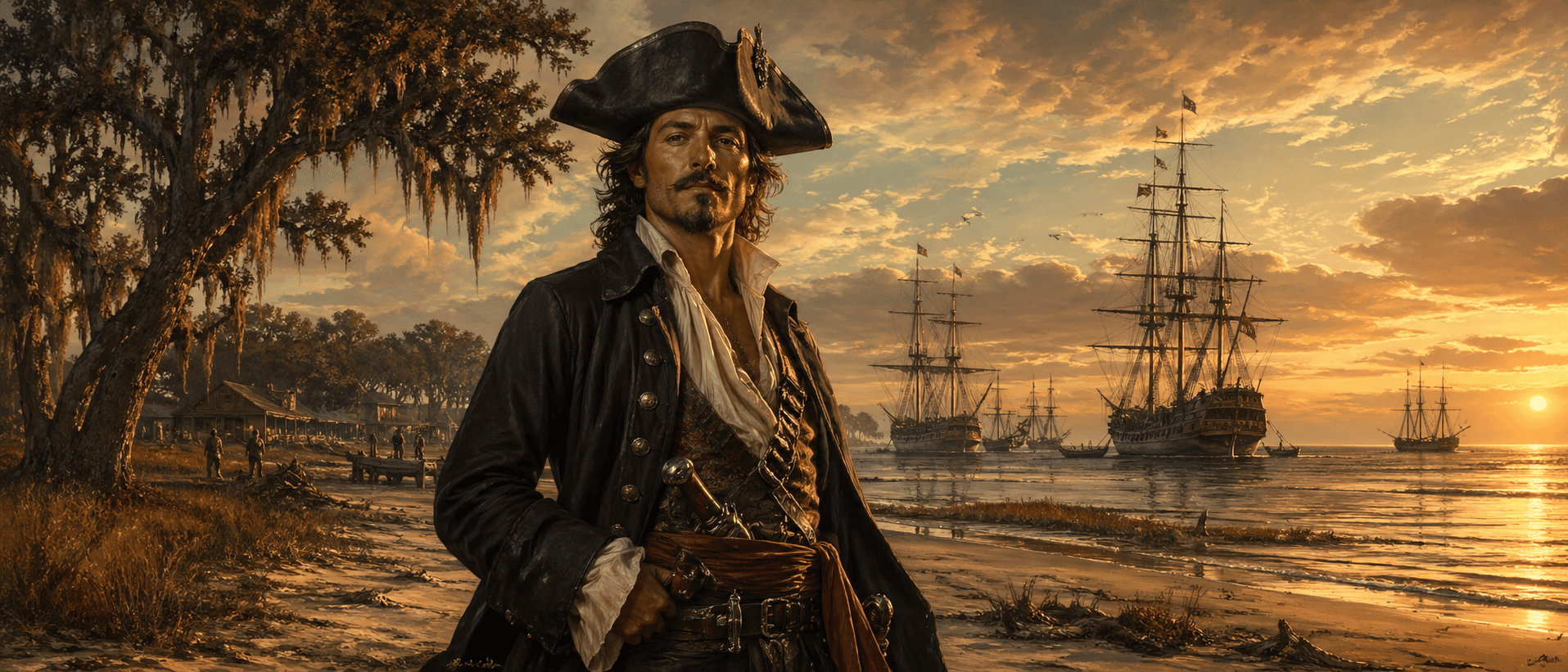 Jean Lafitte the pirate on the Texas Gulf Coast at golden hour with tall ships