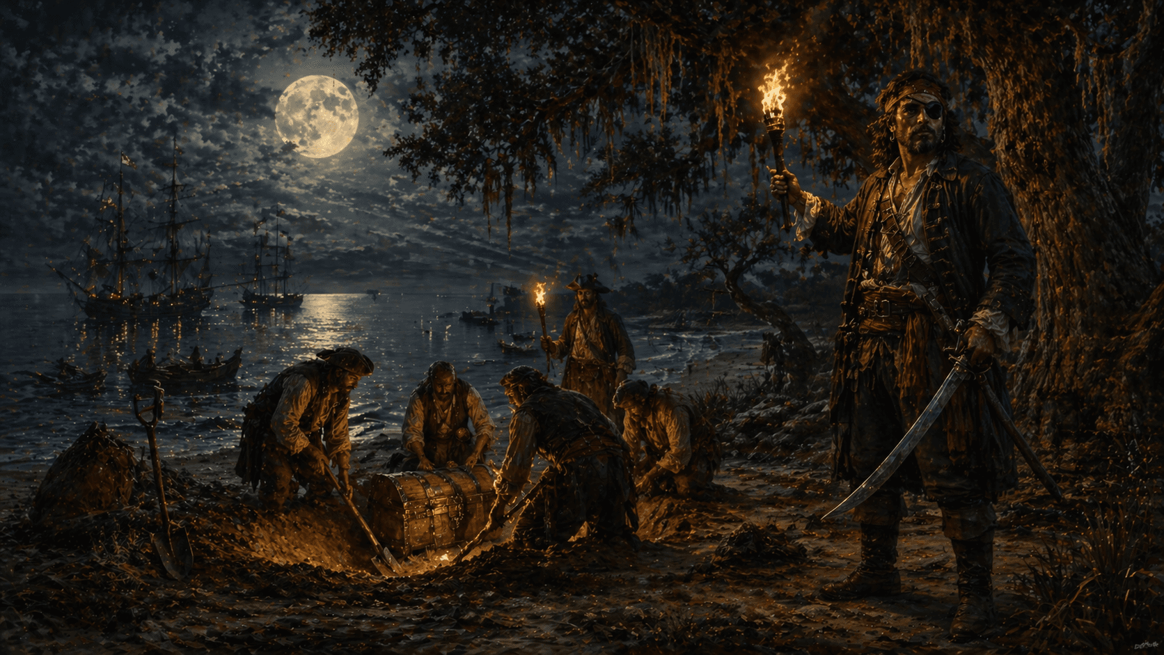 Pirates burying treasure by moonlight on the Texas Gulf Coast under live oak trees