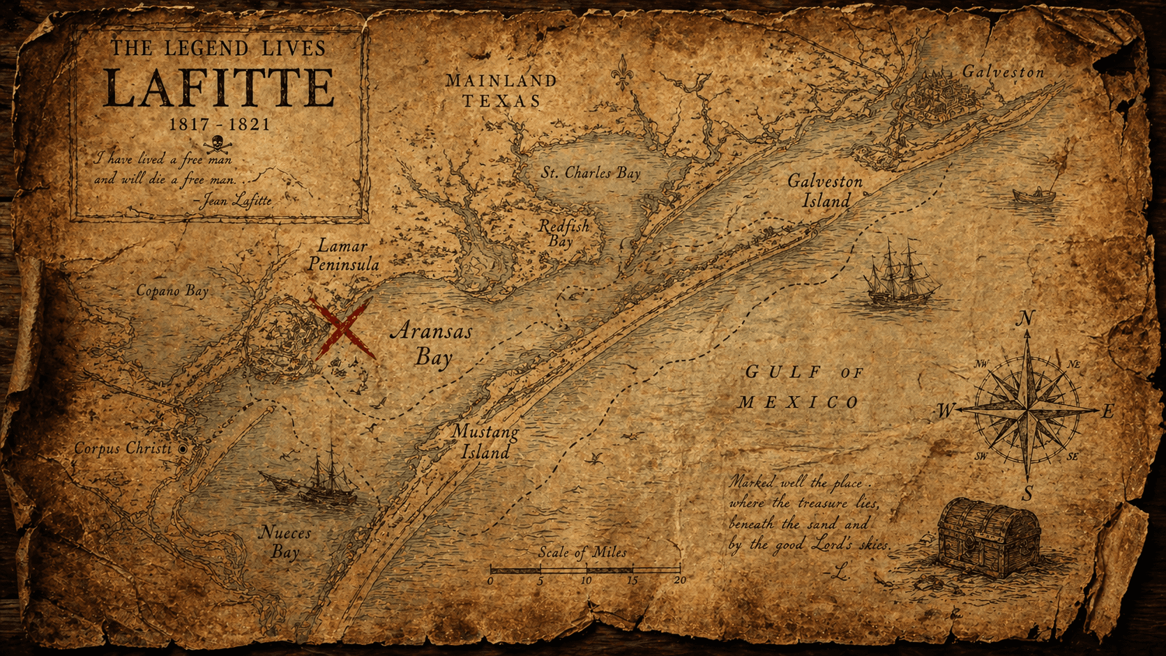 Jean Lafitte treasure map showing Aransas Bay, Lamar Peninsula marked with red X, Galveston Island, Mustang Island, Gulf of Mexico 1817-1821