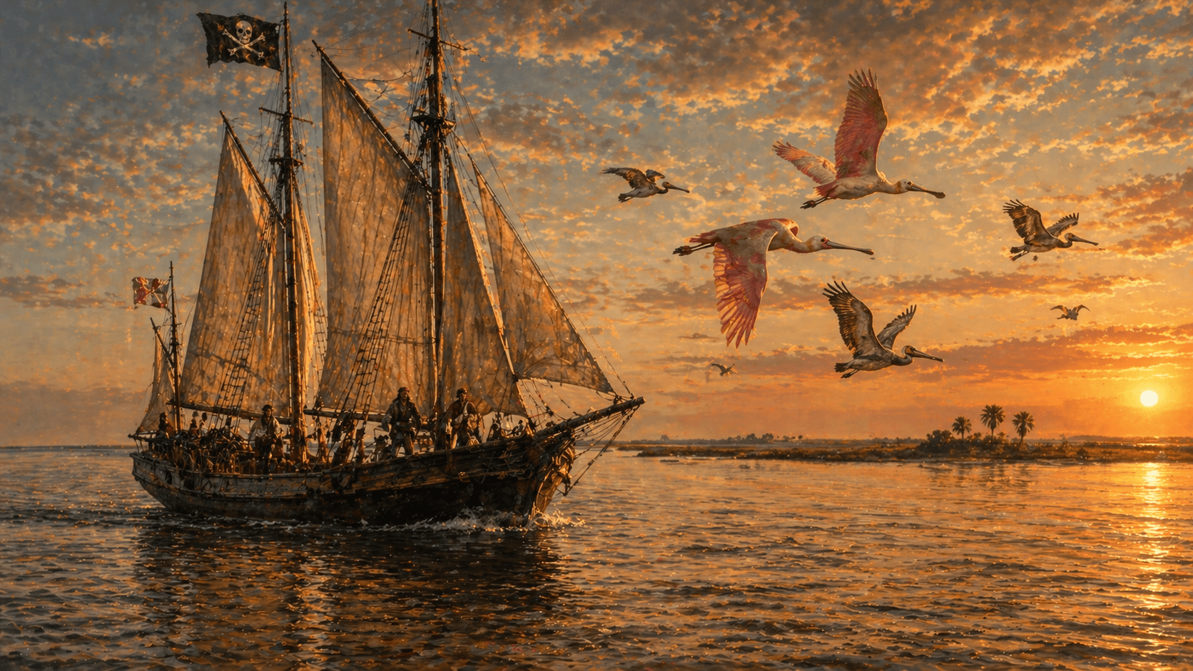 Lafitte pirate schooner sailing Aransas Bay Texas at sunset with roseate spoonbills flying alongside