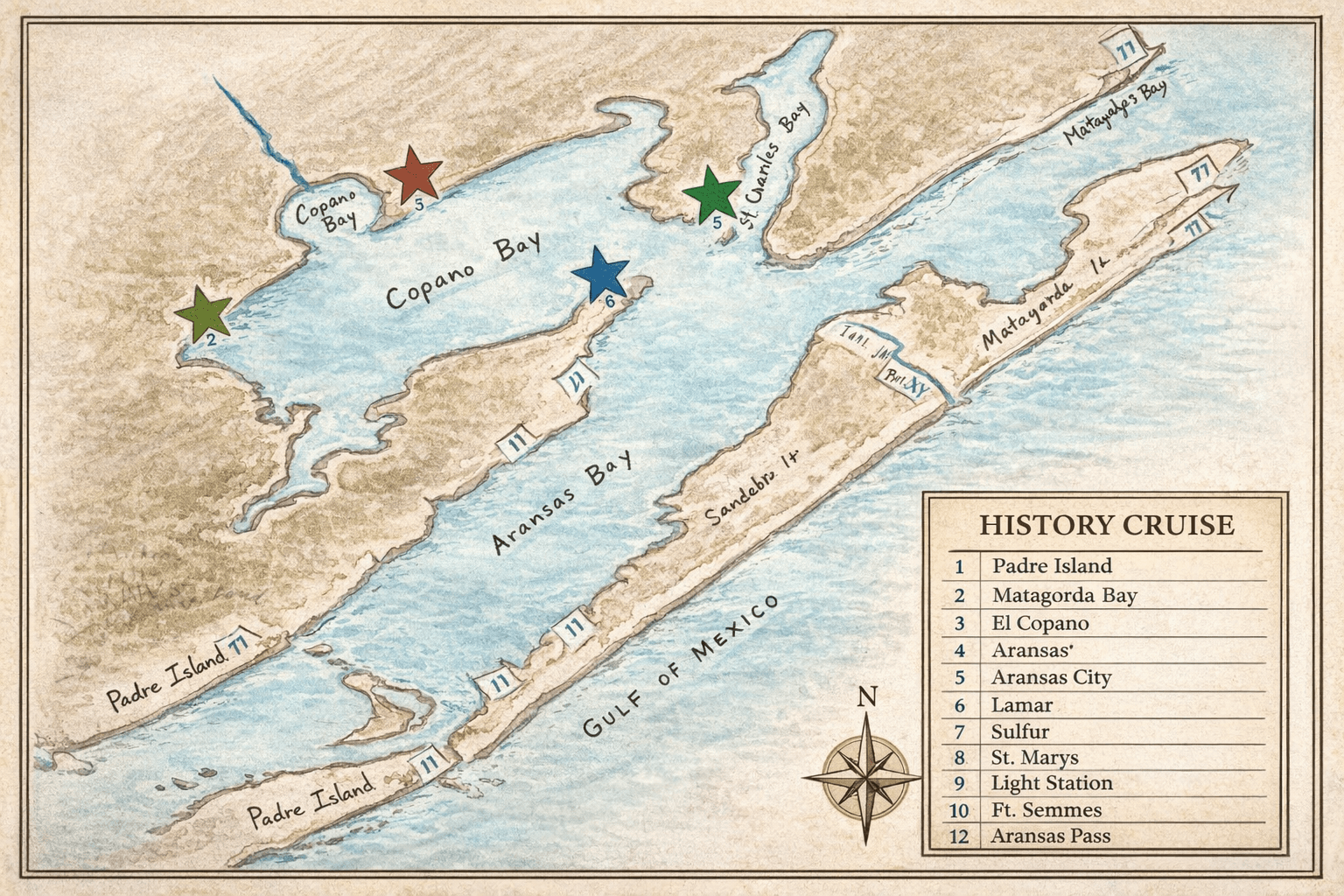 Hand-drawn historical map of Aransas Bay and the Lamar Peninsula by Pam Stranahan — showing historic stops along the water