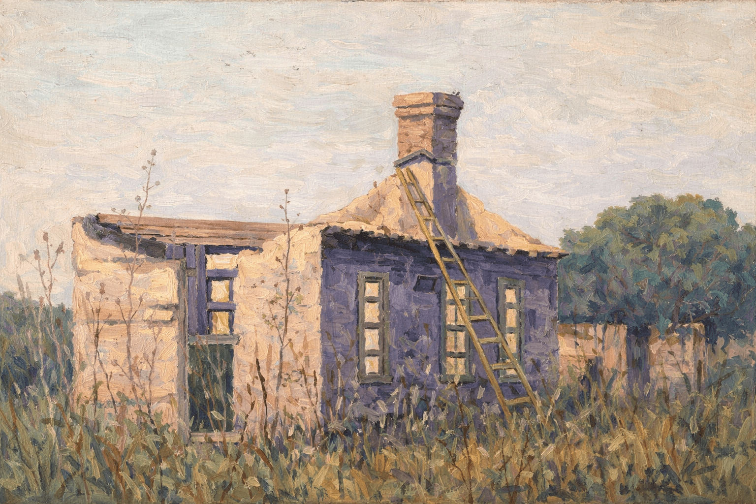 The Bunker House on Front Street, Lamar Texas — shellcrete construction ruins, oil painting recreation based on 1930s photograph