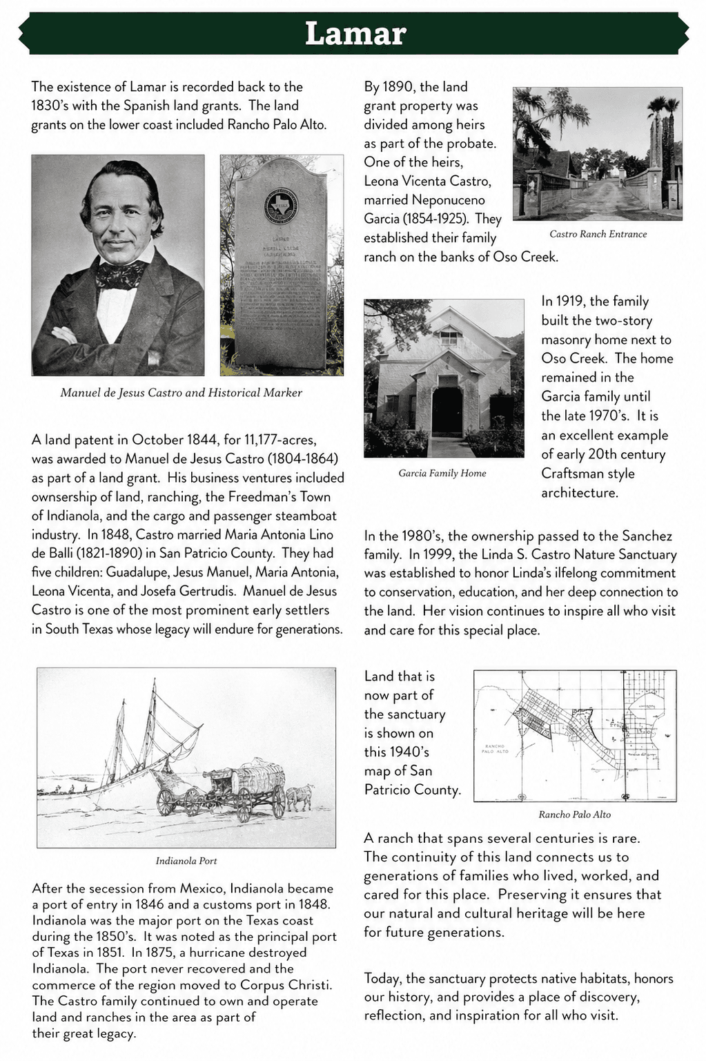 Lamar Texas history exhibit panel — Castro family, Rancho Palo Alto, and the settlement history of the Lamar Peninsula