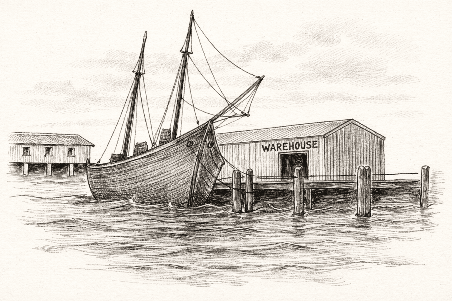 Pencil drawing of Lookout Point, Lamar Texas — Captain Byrne's vision of a port city on Aransas Bay