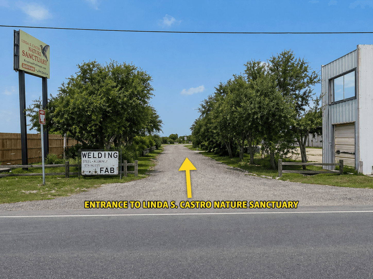Entrance to Linda S. Castro Nature Sanctuary on Hwy 35 Rockport Texas — between welding shop and abandoned restaurant