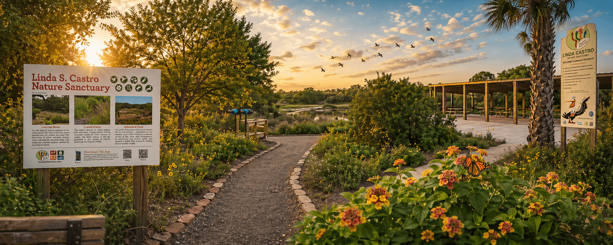 Linda S. Castro Nature Sanctuary entrance at golden hour — Rockport Texas