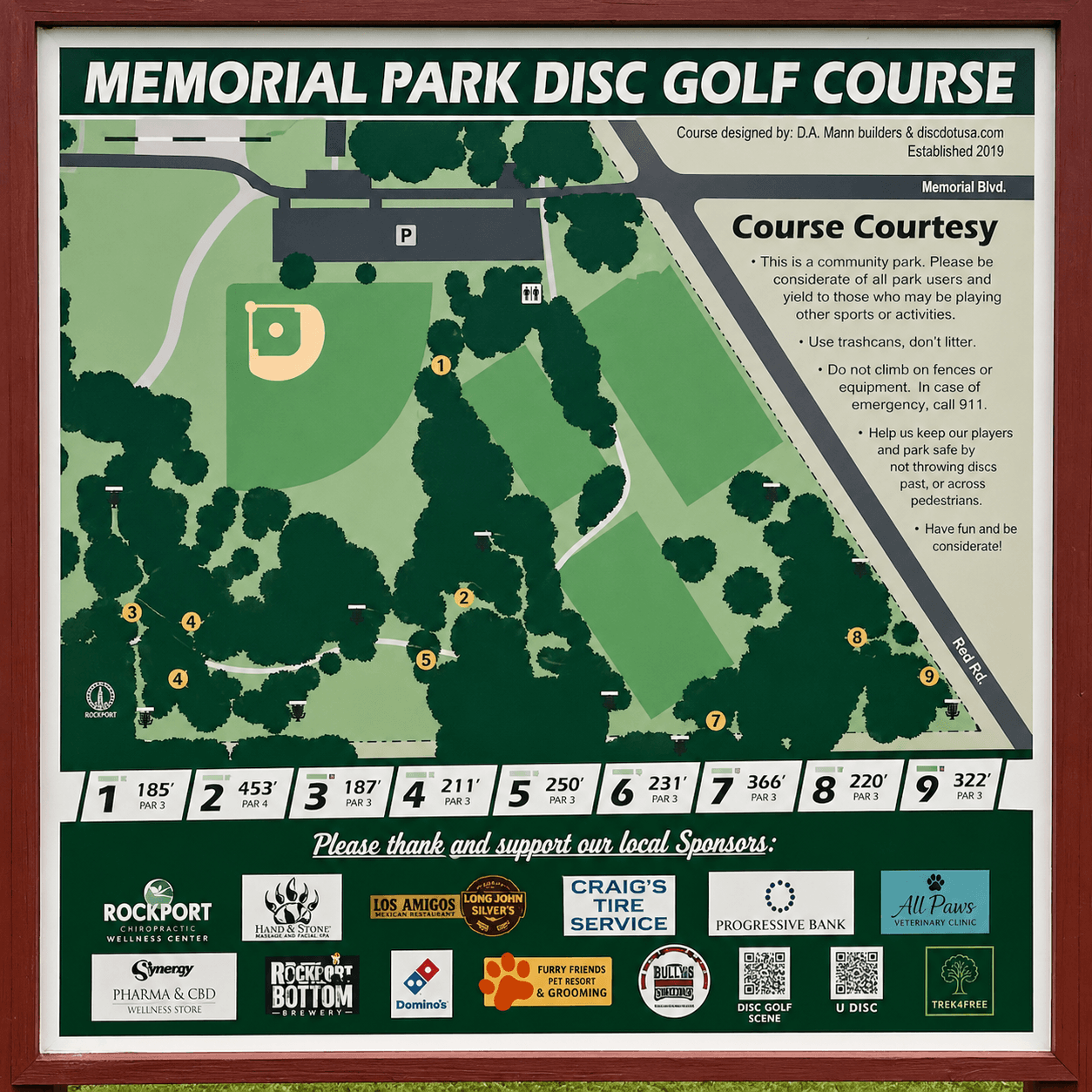 Memorial Park disc golf course map Rockport Texas — 9 holes through wooded park
