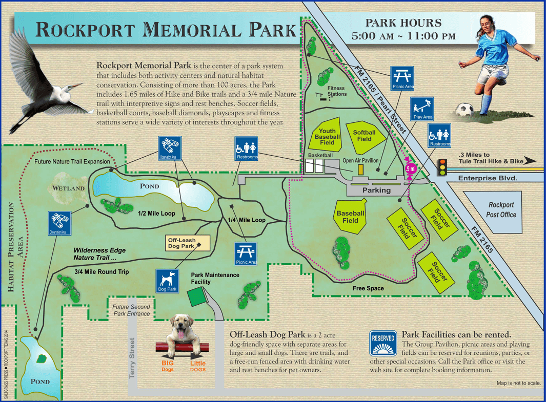 Rockport Memorial Park trail map showing Hike & Bike Trail, Wilderness Edge Nature Trail, ponds, wetland, and habitat preservation area