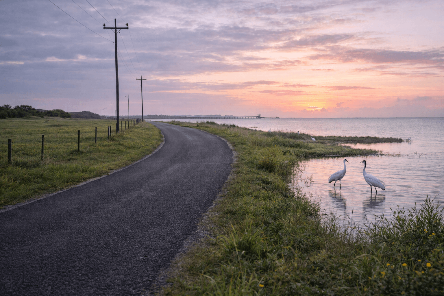 Morning calm on Lamar Beach Road — the peaceful tide flats where whooping cranes wade just feet from the road