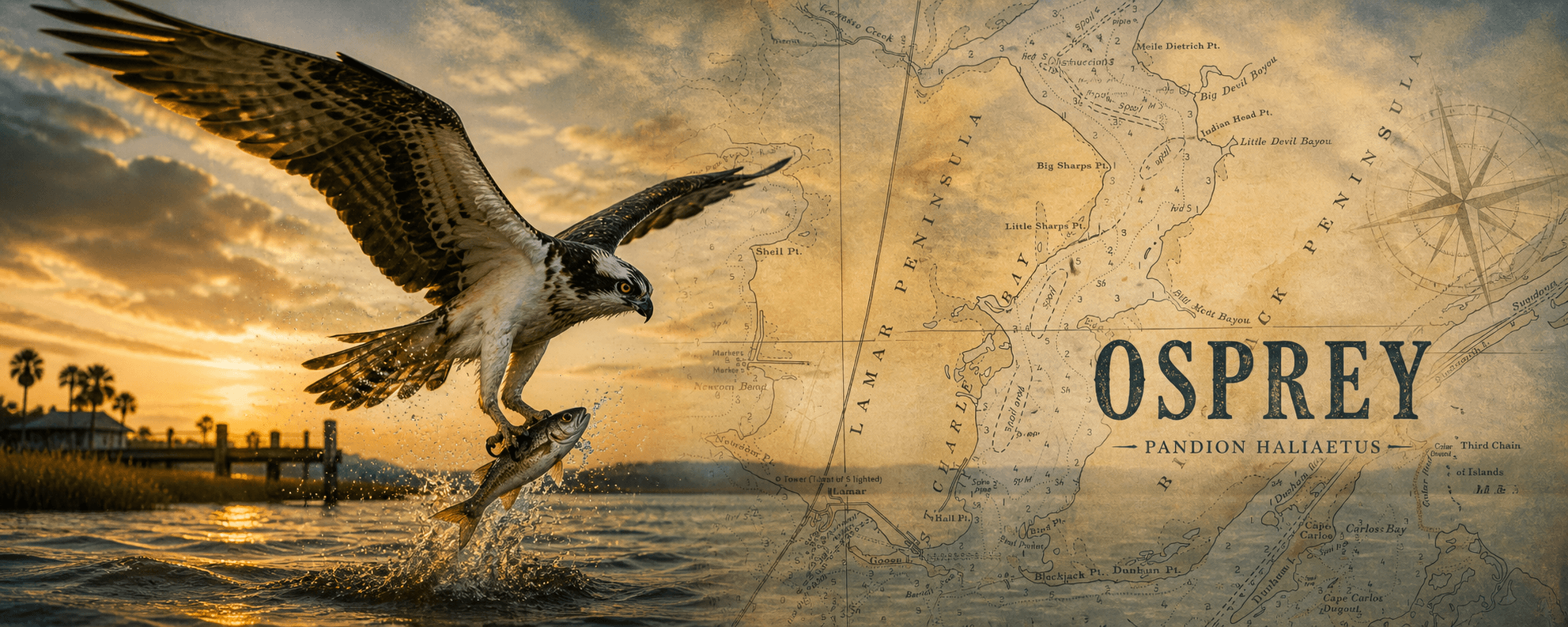 Osprey — Pandion haliaetus — catching fish over Aransas Bay, Texas