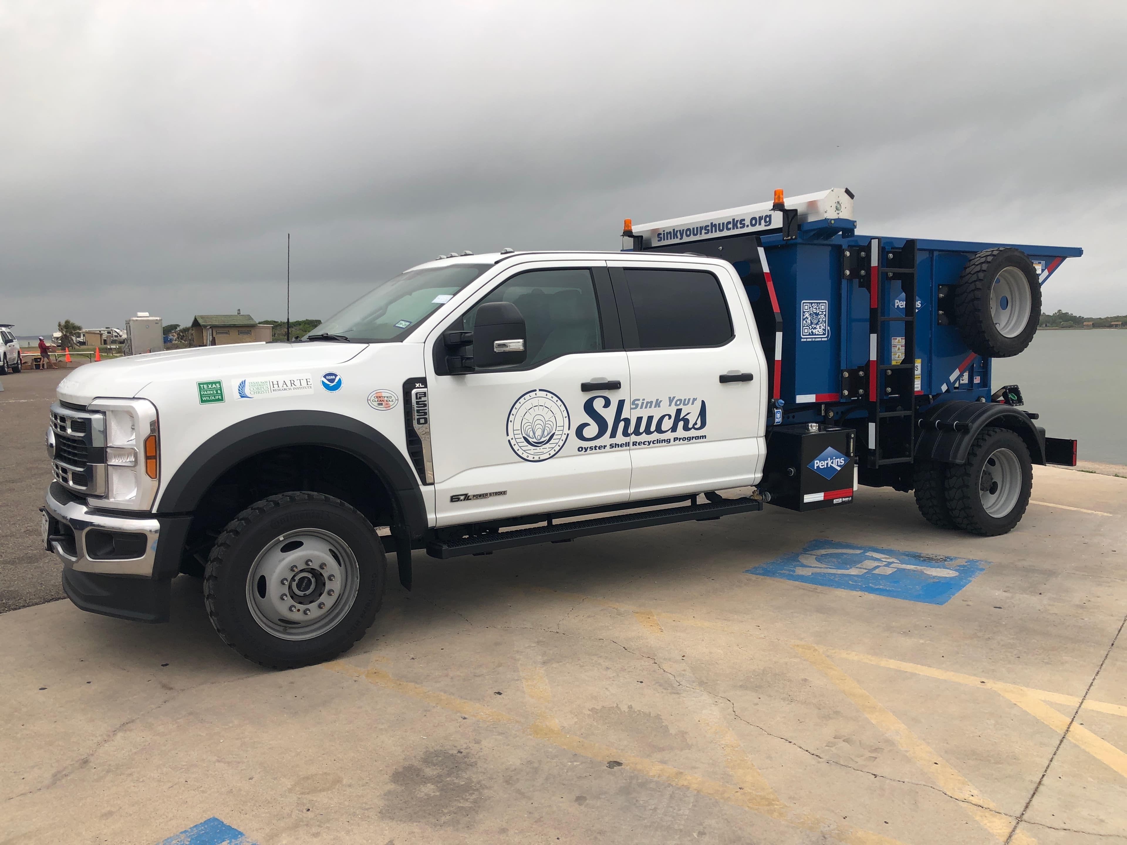 Sink Your Shucks oyster shell recycling truck at Goose Island State Park Rockport Texas
