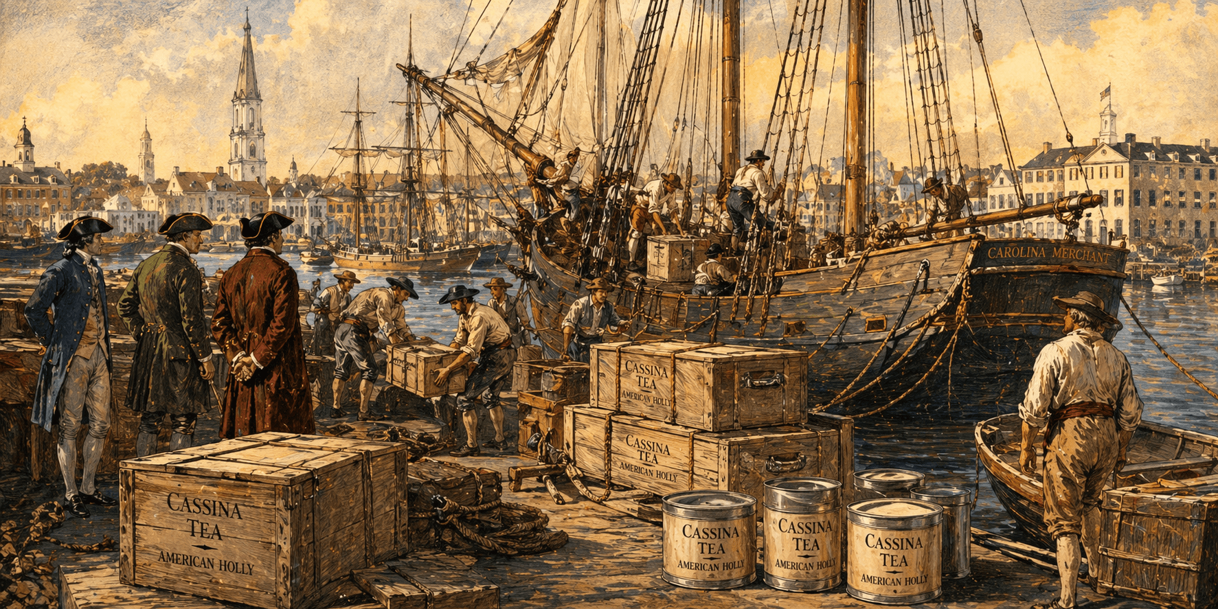 Charleston harbor 1700s with Cassina Tea being loaded onto merchant schooner