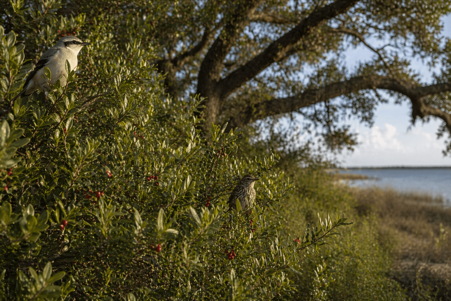 Yaupon holly native plants feeding birds Rockport Texas