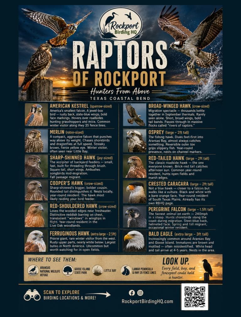 Raptors of Rockport Texas field guide — illustrated silhouettes smallest to largest