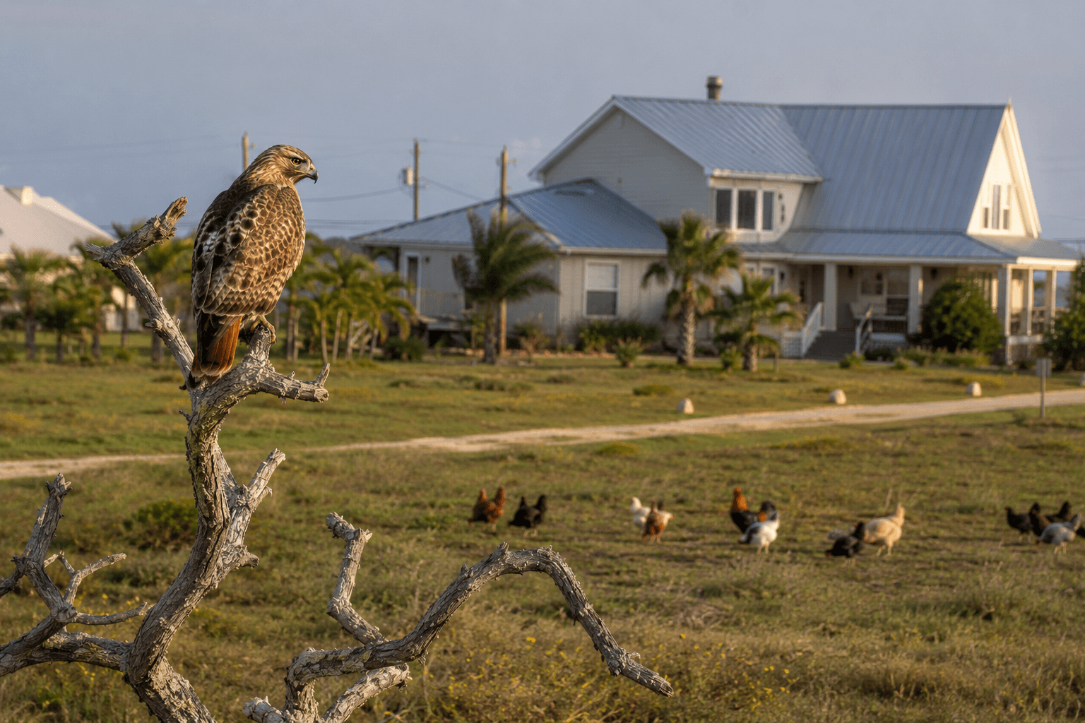 Red-tailed Hawk perched above Texas rural homestead