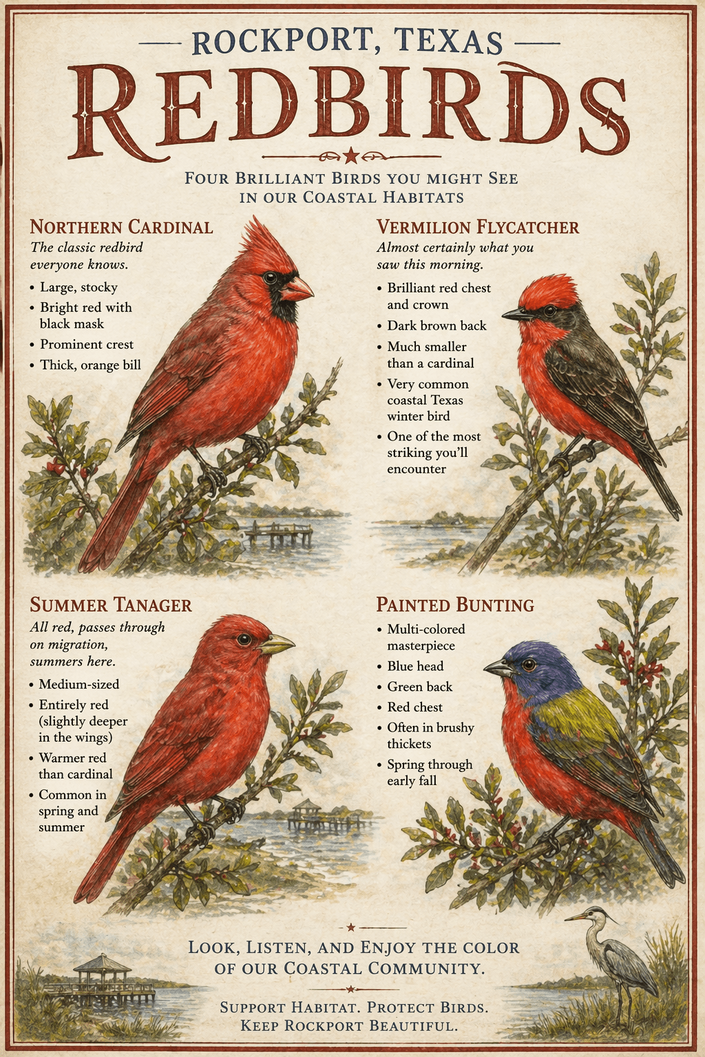 Red birds of Texas field guide — Cardinal, Vermilion Flycatcher, Painted Bunting Rockport