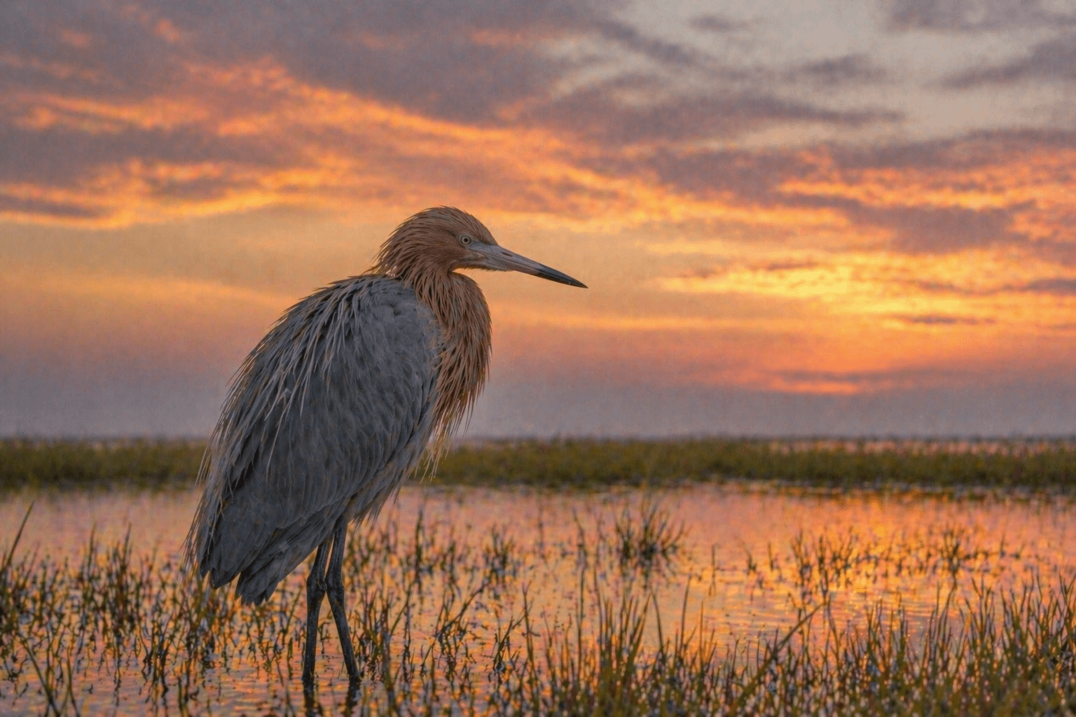 Reddish egret hunting in coastal marsh Rockport Texas