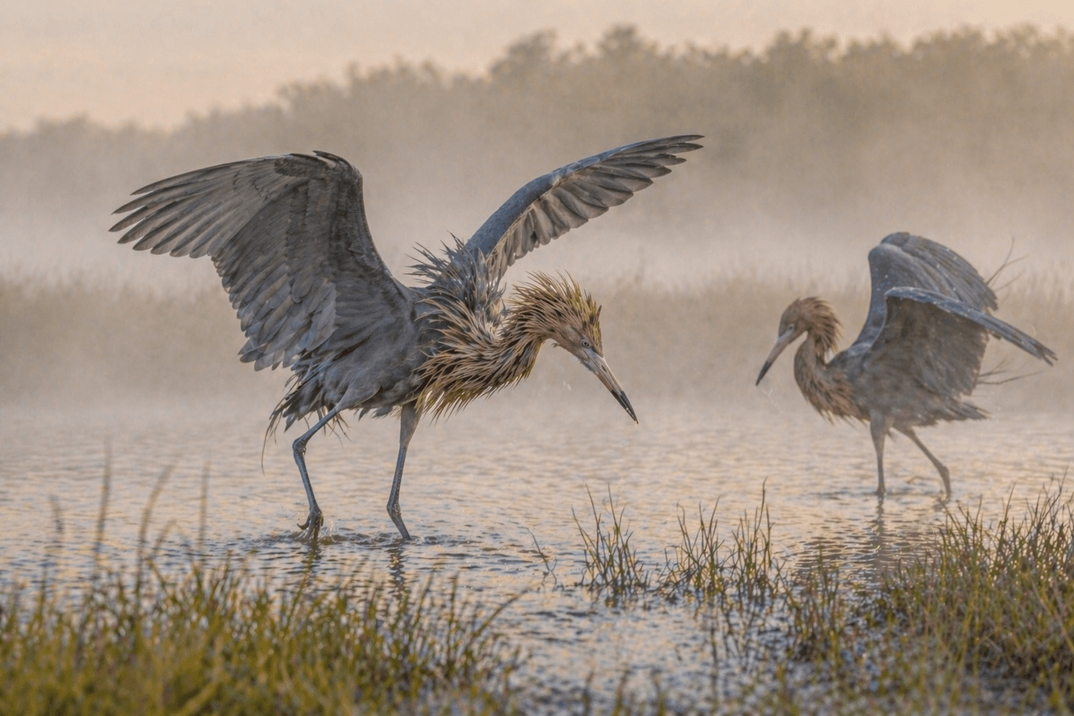Reddish egret at dawn Rockport Texas coastal flats