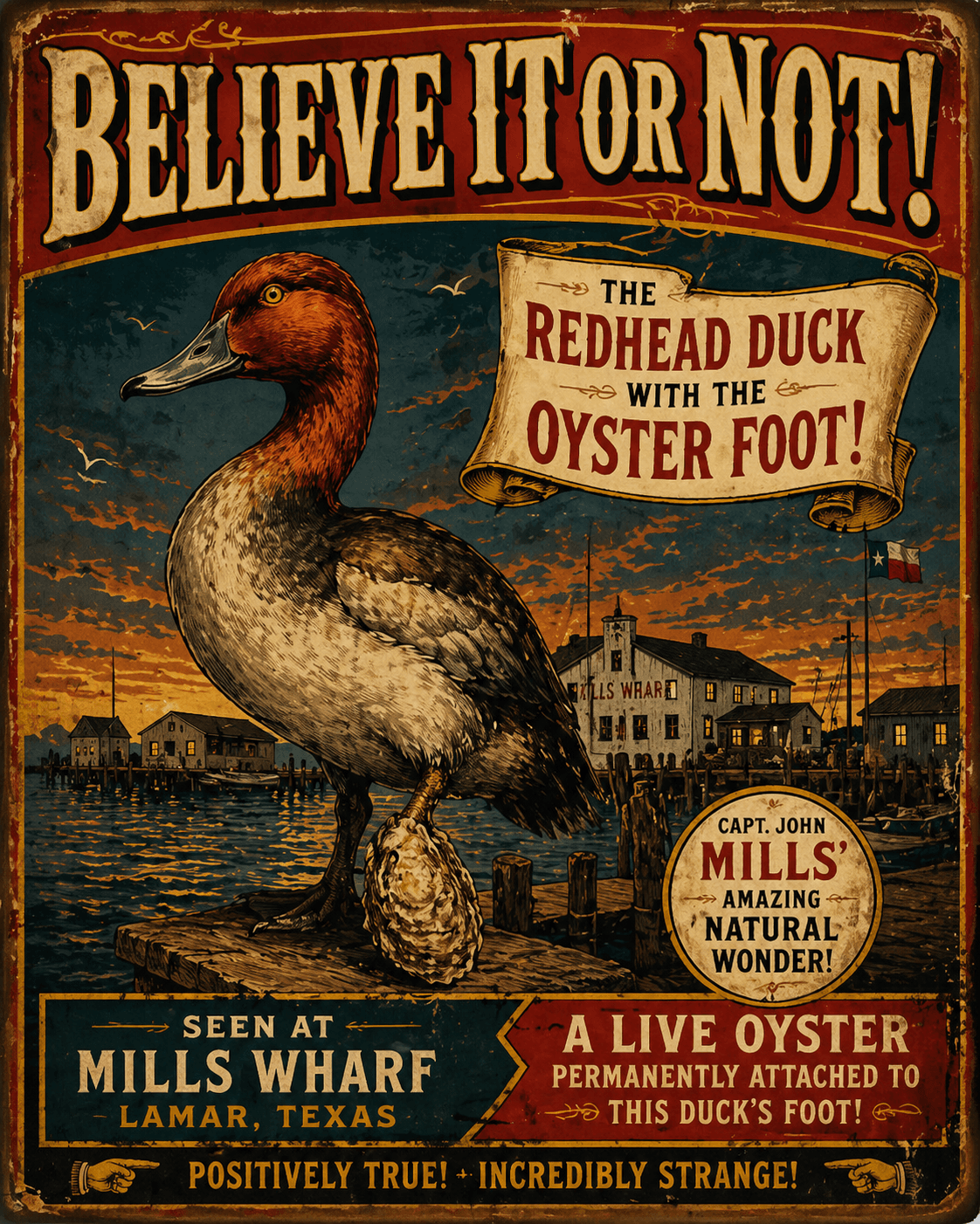 Ripley's Believe It or Not poster — Redhead Duck with Oyster Foot, Mills Wharf Lamar Texas
