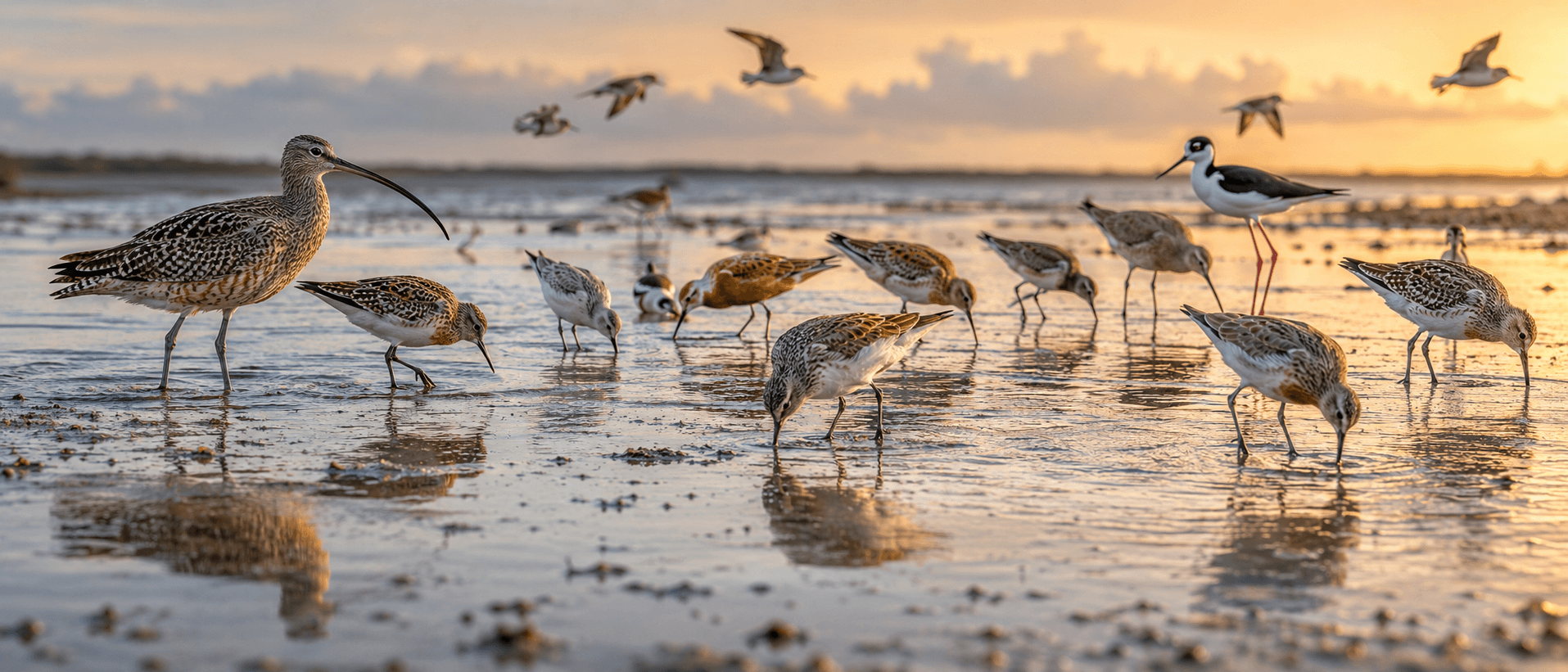 Shorebirds at golden hour on Rockport Texas tidal flats