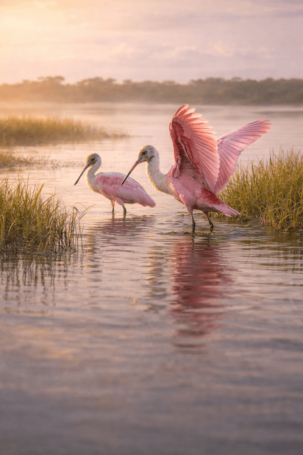 Roseate spoonbills wading in a misty Texas marsh — one bird displaying wings wide open in the golden dawn light