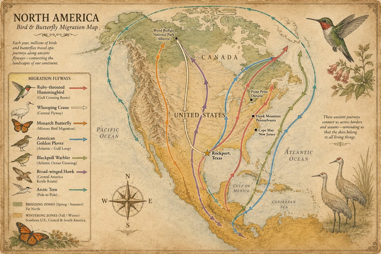 North America bird and butterfly migration flyways map showing Texas as central corridor