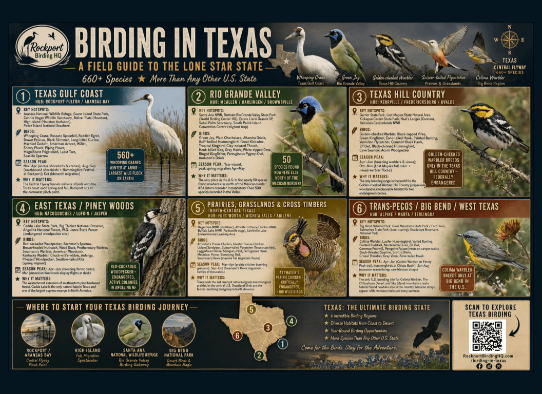 Texas birding hotspots field guide — all 6 regions with species and hotspots