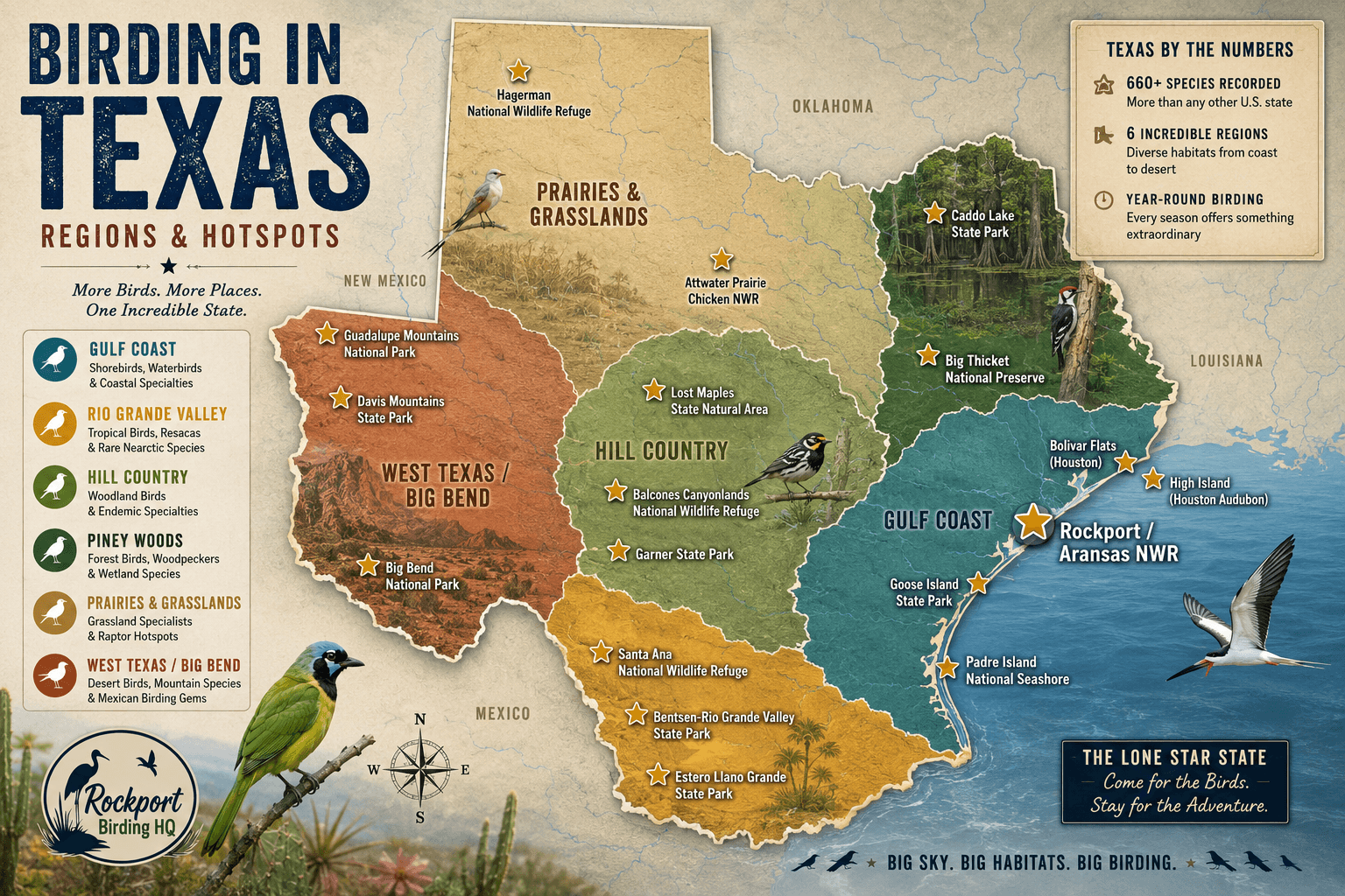 Texas birding regions and hotspots map — Gulf Coast, Rio Grande Valley, Hill Country, Piney Woods, Prairies, Big Bend