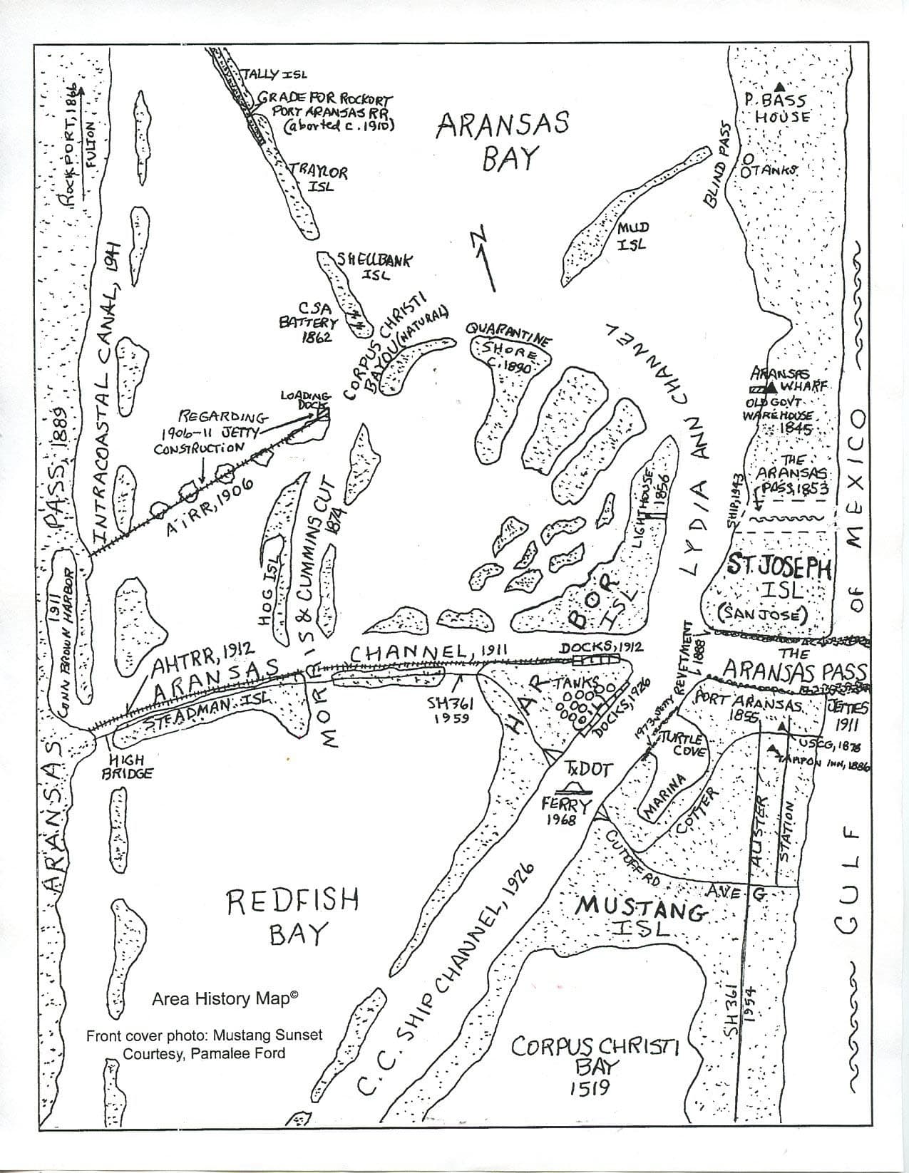 Historical map of Aransas Bay showing El Copano, Fort Aranzazu at Live Oak Point, and the surrounding bay system. El Copano was the deepest natural harbor on the Texas coast — the first port in South Texas designed to supply inland missions at Refugio, Goliad, and San Antonio. Irish immigrants from County Wexford landed here in the 1830s. Spanish and Mexican vessels anchored here from 1785 until the Civil War era.