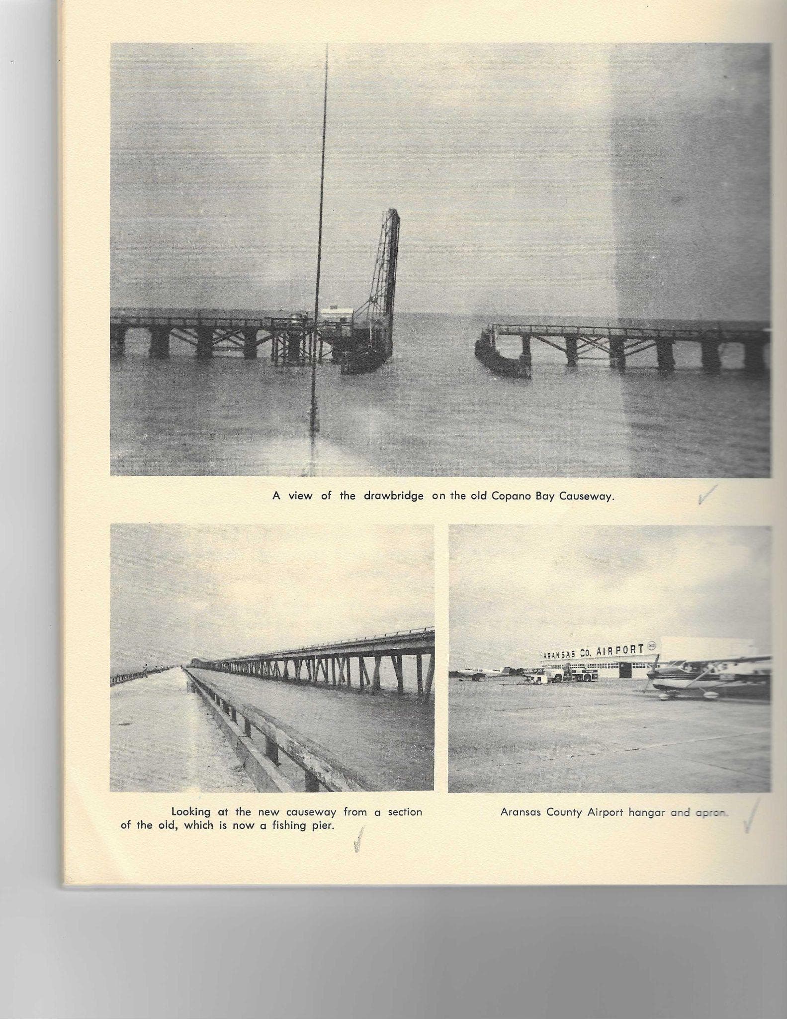 The old Copano Bay Causeway drawbridge (top) and the new causeway (bottom), circa 1960s. The original 1930-31 causeway replaced the ferry to the Lamar Peninsula and was a major event for the isolated community.