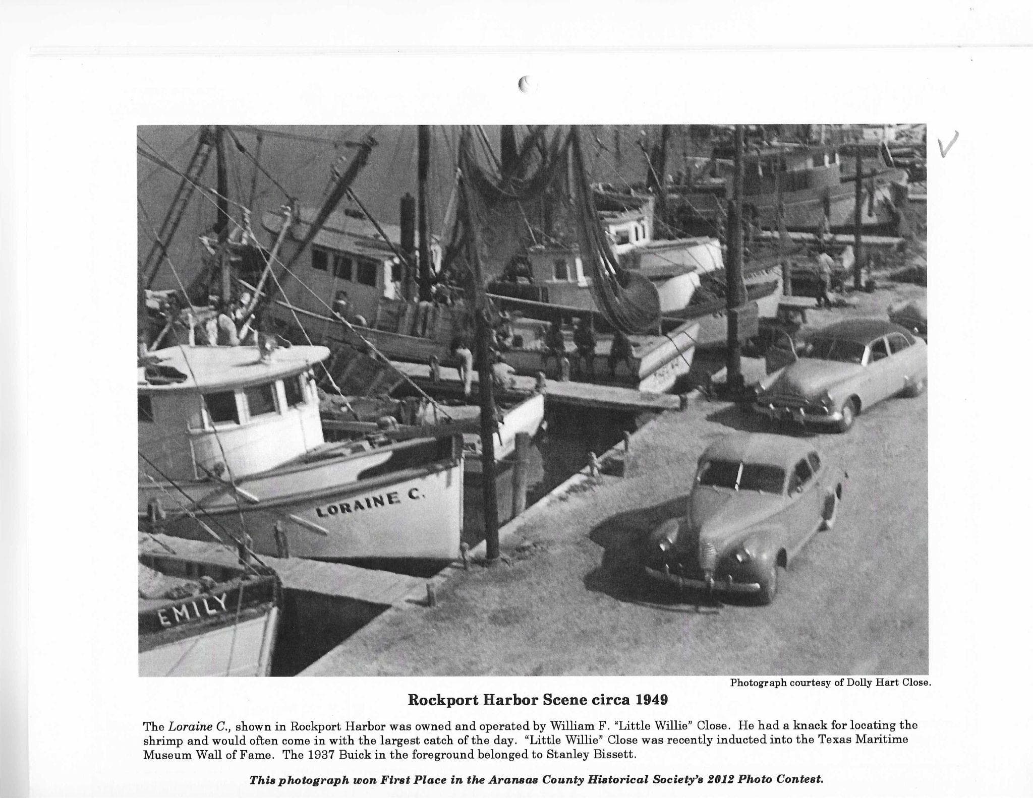 Rockport Harbor, 1949 — shrimping boats like the "Loraine C." kept the harbor busy for decades after the packeries closed. First Place winner, Aransas County Historical Society 2012 Photo Contest.