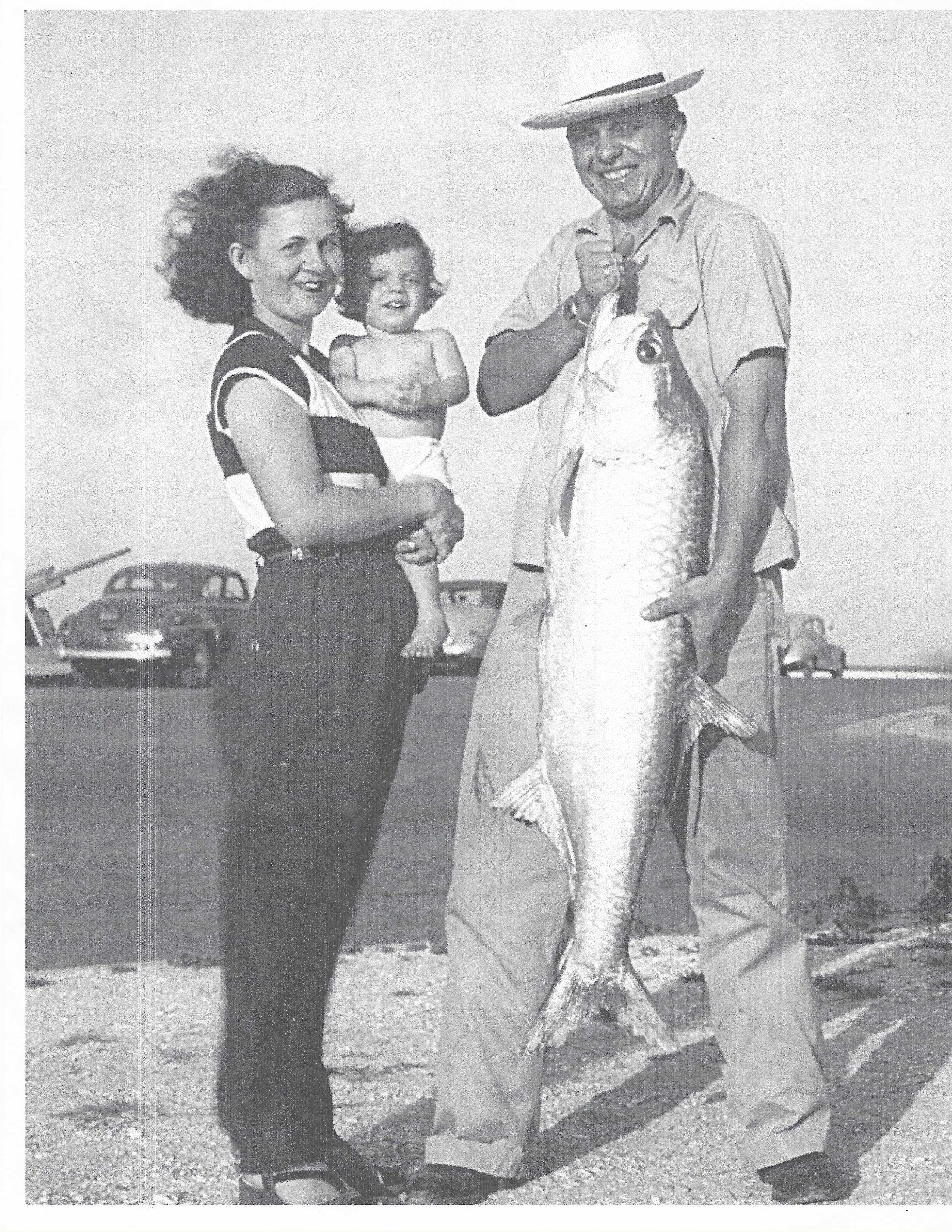 Pat and Frances Williams at Goose Island State Park, approximately 1952. Pat covered two sides of the cabana with tarps and mosquito nets; Frances planned every meal. They fished offshore each summer for a week — the same park, the same bay, 37 years before this guide was written.