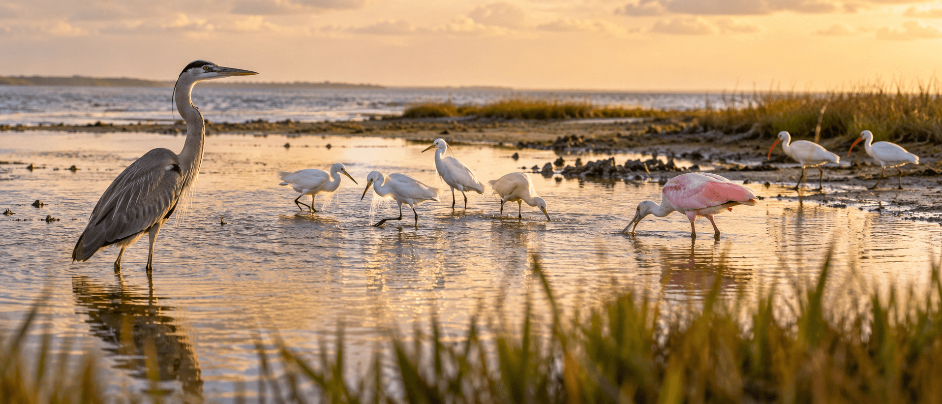 Wading birds at golden hour on Aransas Bay — Great Blue Heron, egrets, Roseate Spoonbill and White Ibis